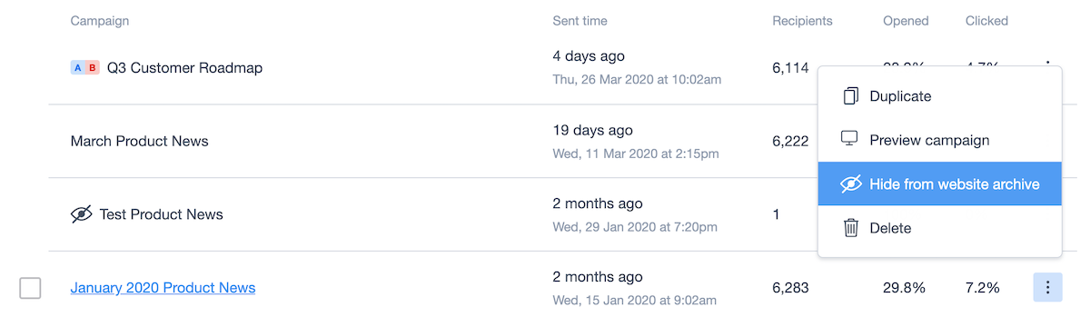 The list of sent campaigns, with the three-dot menu open and the "Hide from website archive" option highlighted