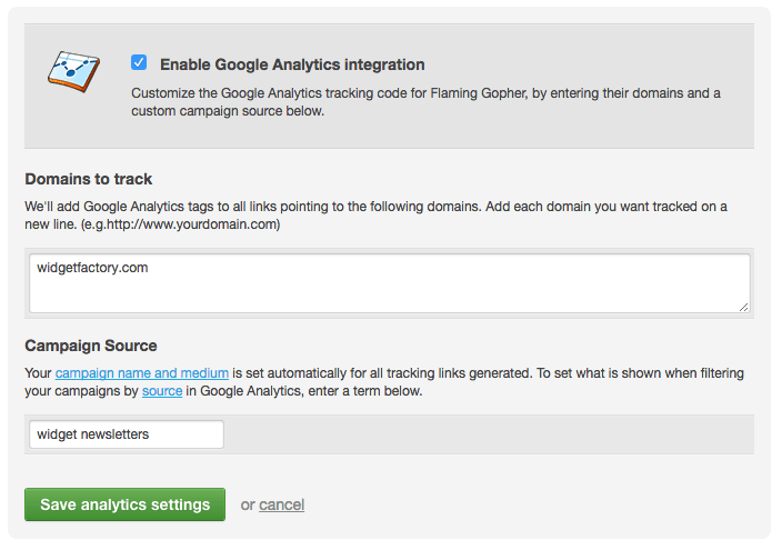 The GA integration page, showing one domain entered for tracking: widgetfactory.com