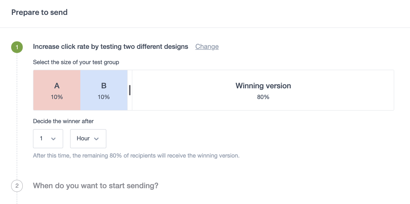 The A/B test settings window, where you can select what portion of your audience is sent the A/B test and how long the test should run