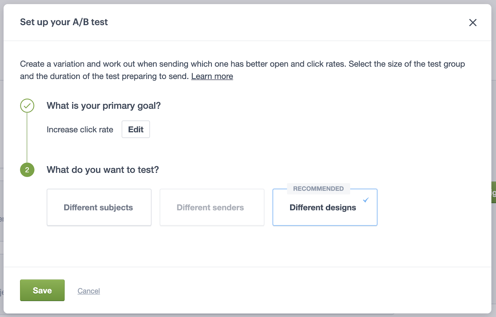 An A/B test set up with increase click rate as the primary goal