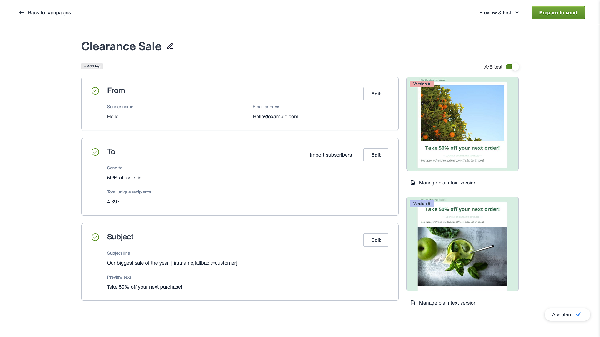The campaign checklist, showing an A/B test campaign