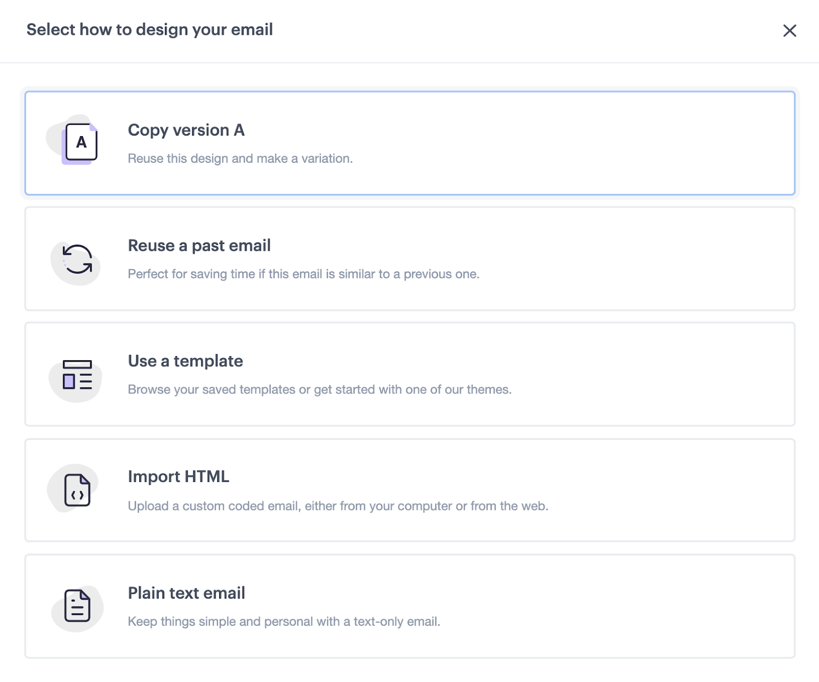 The "Select how to design your email" window, with the "Copy version A" option selected