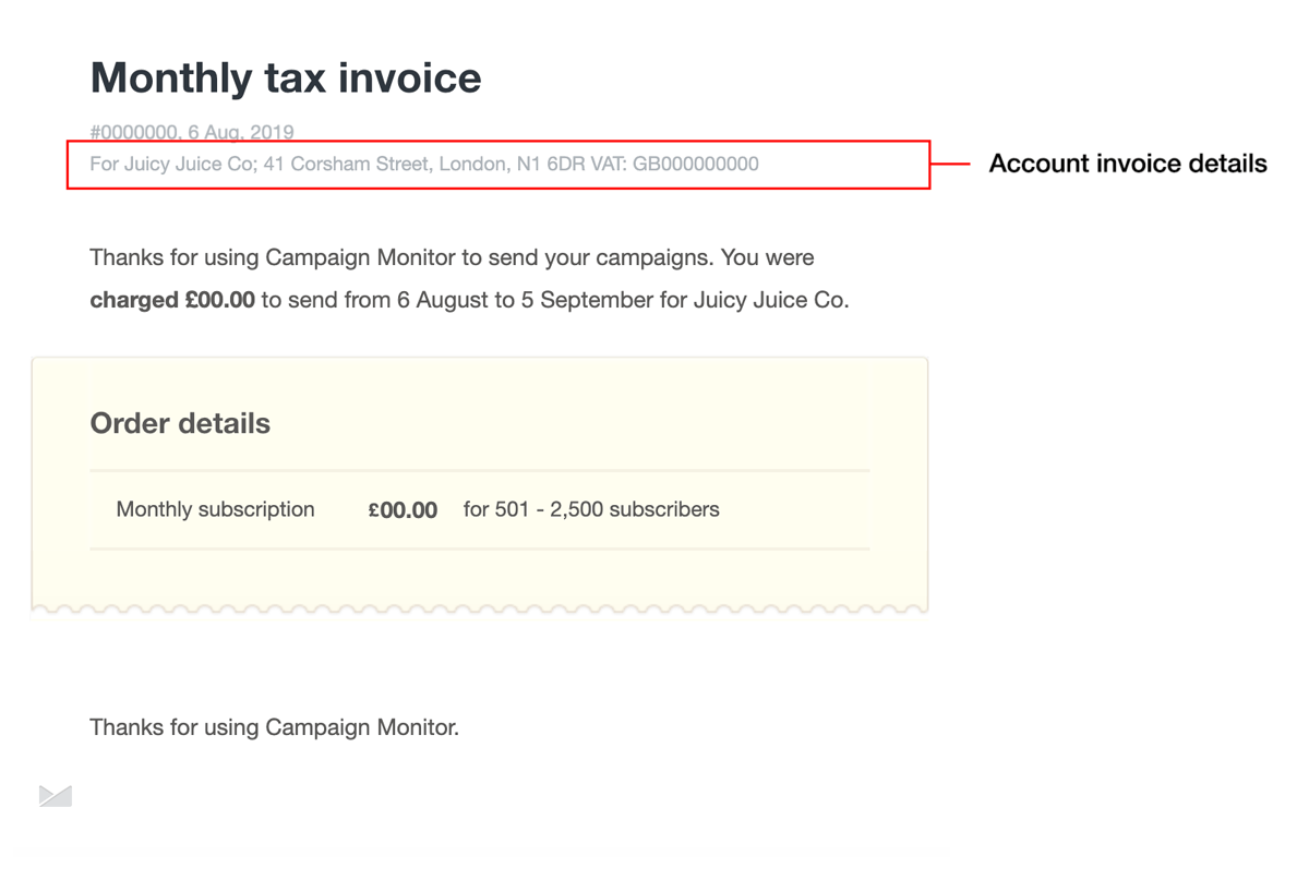 An example of an account invoice, with extra details.