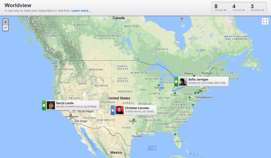 Screenshot of a worldview report showing people opening and clicking in the United States