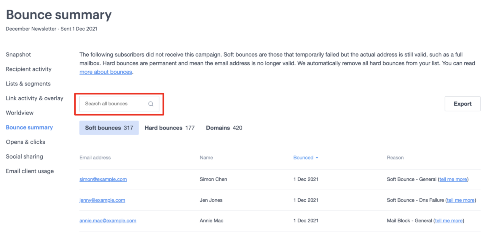 Bounce summary report showing 71 soft bounces