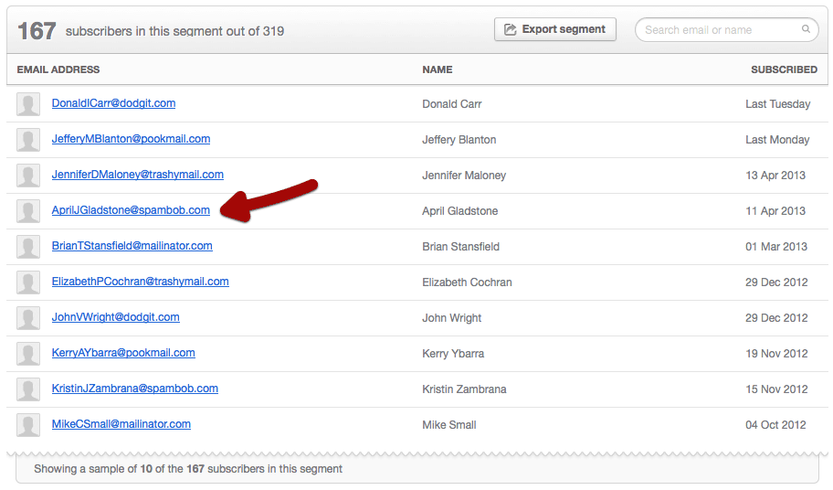 A sample of 10 out of 167 subscribers in the segment
