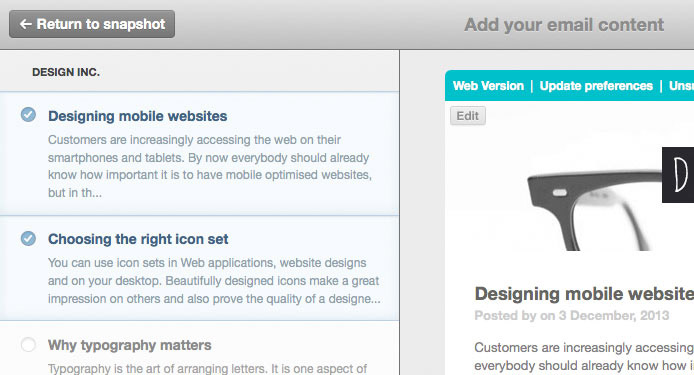 The custom template content editor showing recent posts from an RSS feed