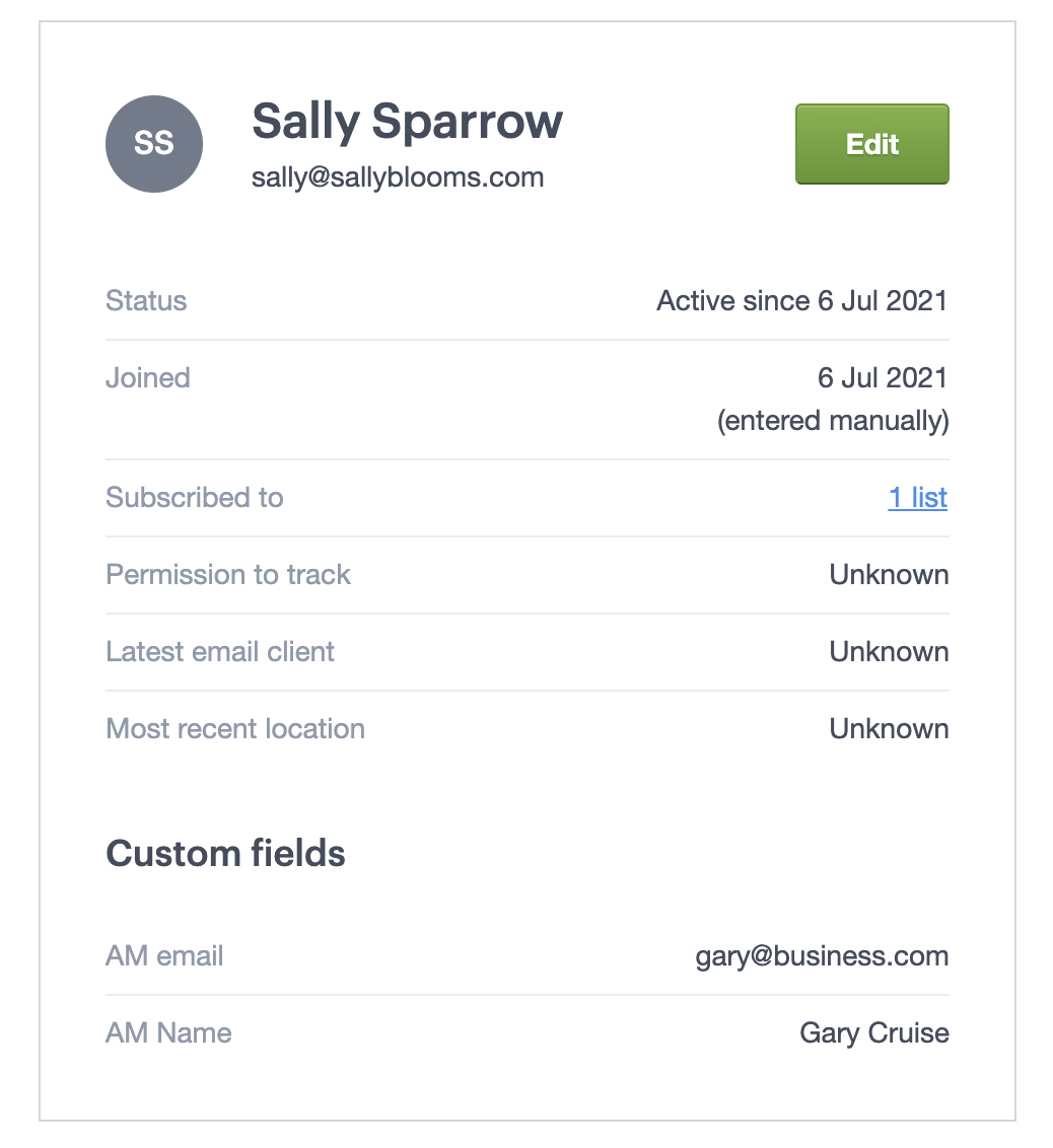 A subscriber snapshot, with the "AM name" and "AM email" custom field values filled in