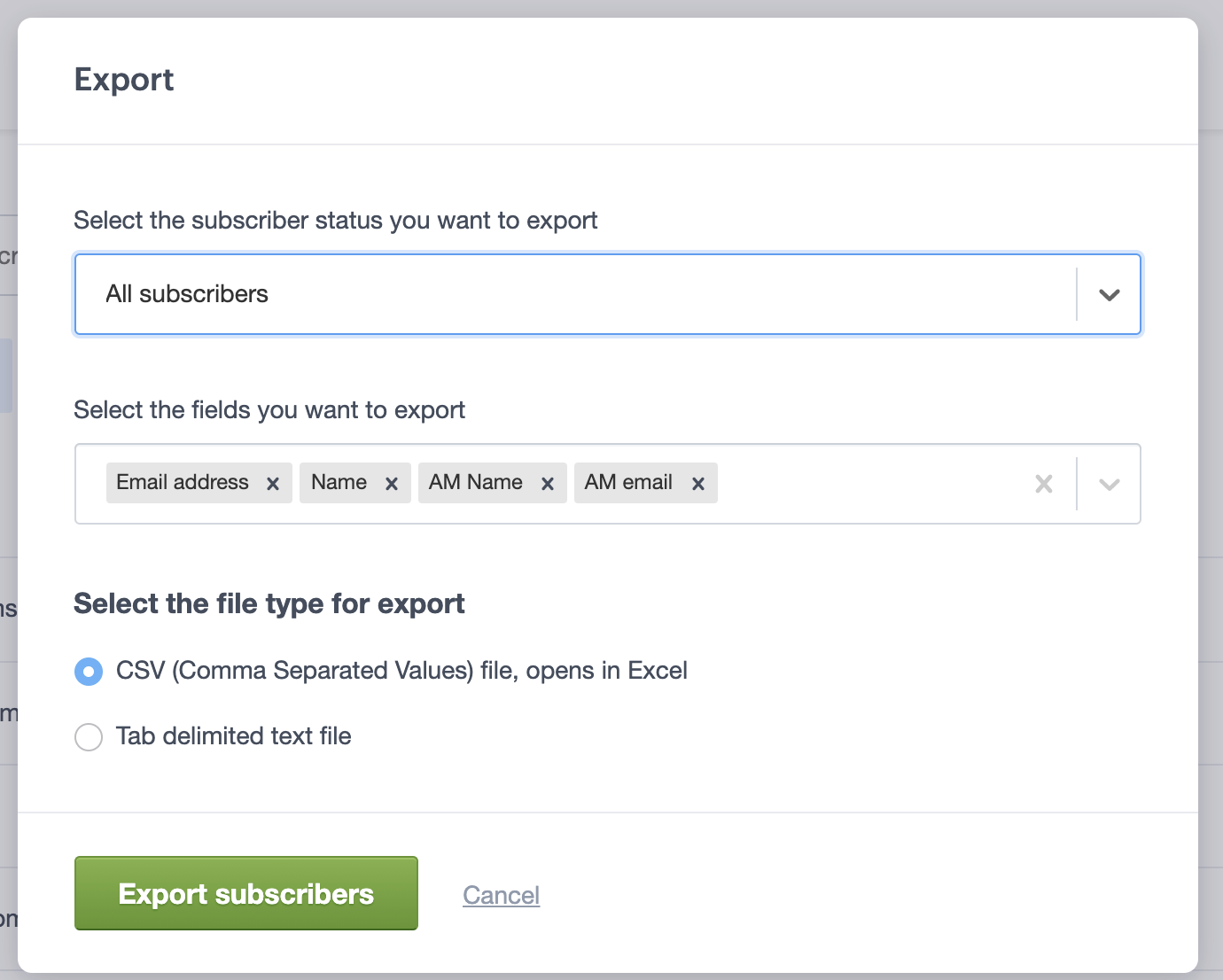 The export subscribers page, with custom fields selected to export