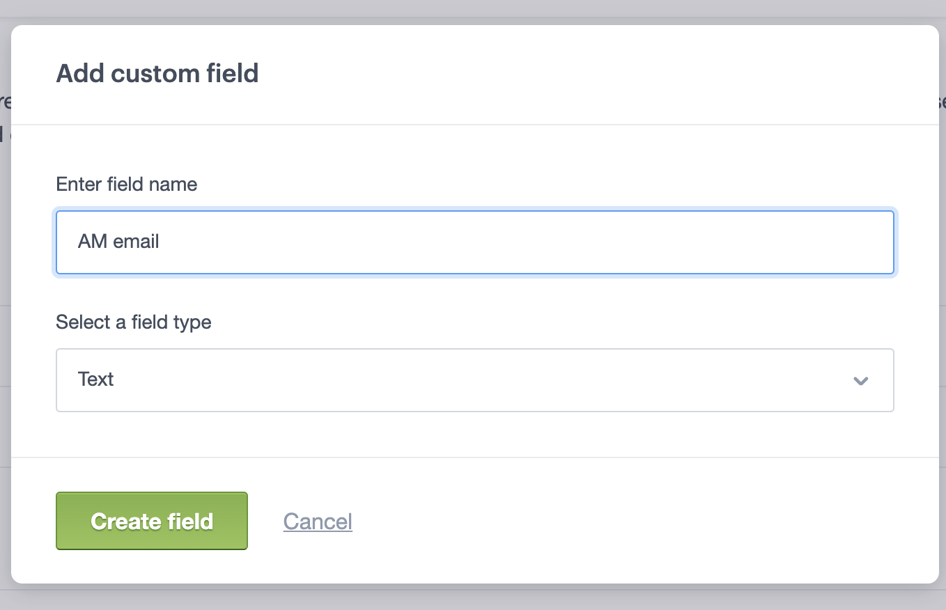 A custom field with the name "AM email" and a data type of "Text"