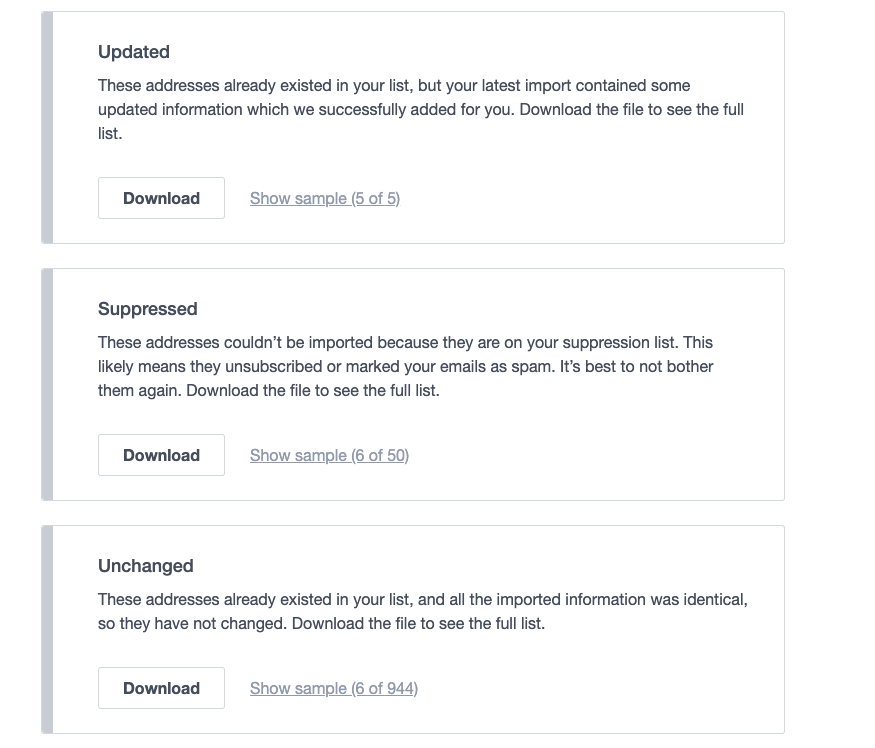 Import report showing updated and unchanged