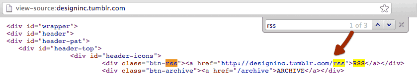 Successful search result for RSS in a website's source code