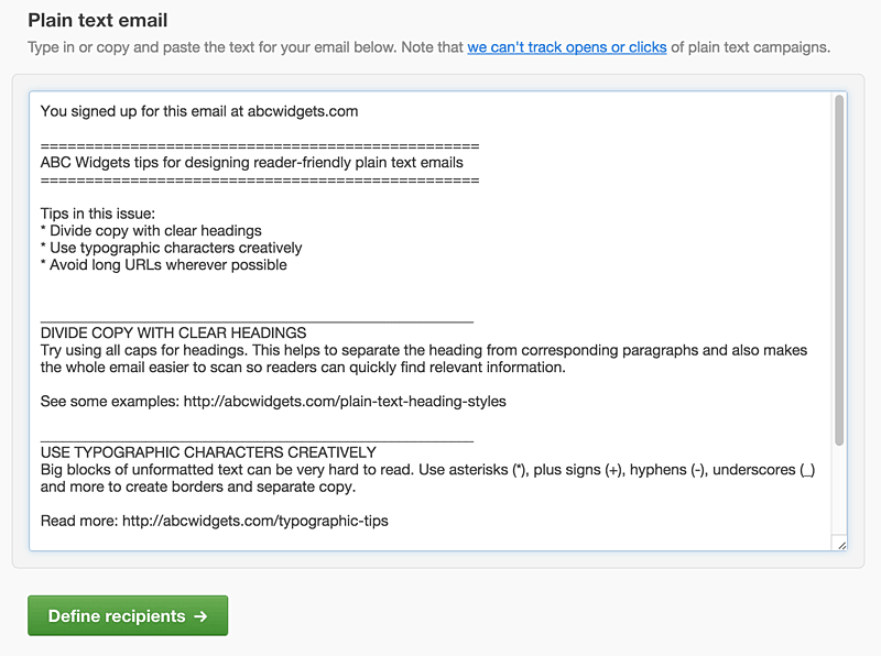 The plain text email editor
