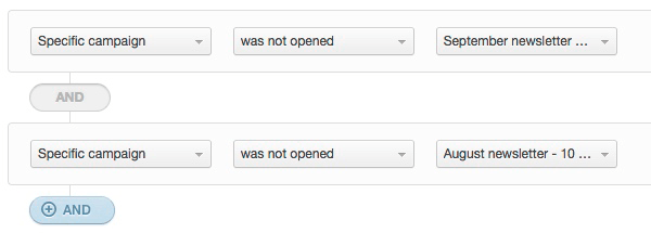 The segment builder, showing two campaigns selected as rules to build the inactive segment