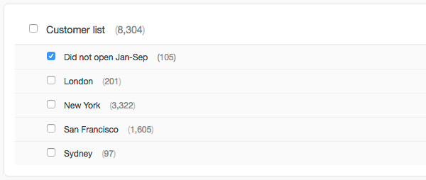 The "Choose recipients" page, showing "Customer list" with the "Did not open Jan-Sep" segment selected