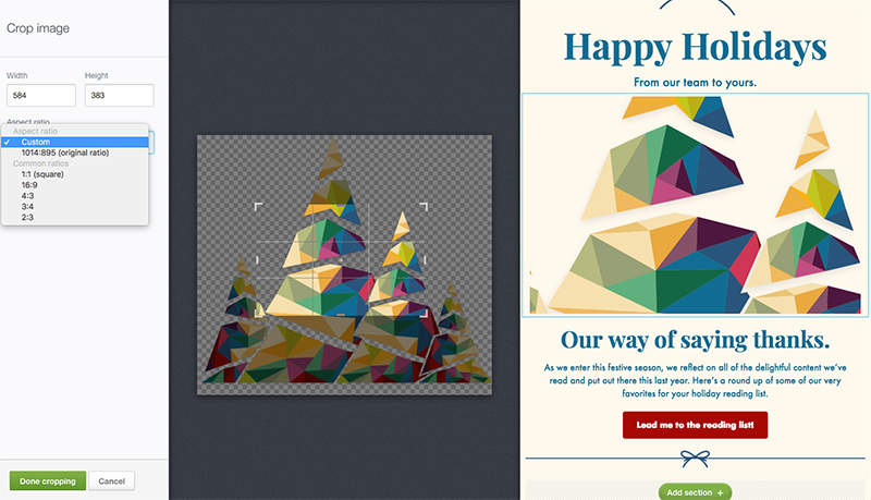 The email builder image crop tool, showing a preview of a cropped image, with the aspect ratio dropdown menu expanded
