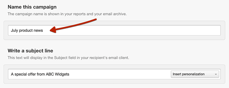 Email campaign details, with the campaign name highlighted