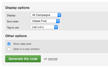 Newsletter archive customization options, used to generate the code