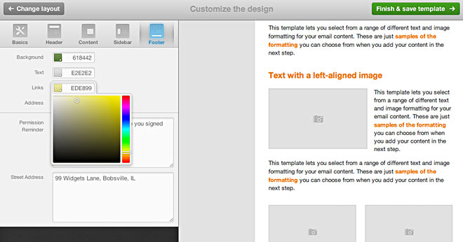 Using the color picker to change the color of links in the footer