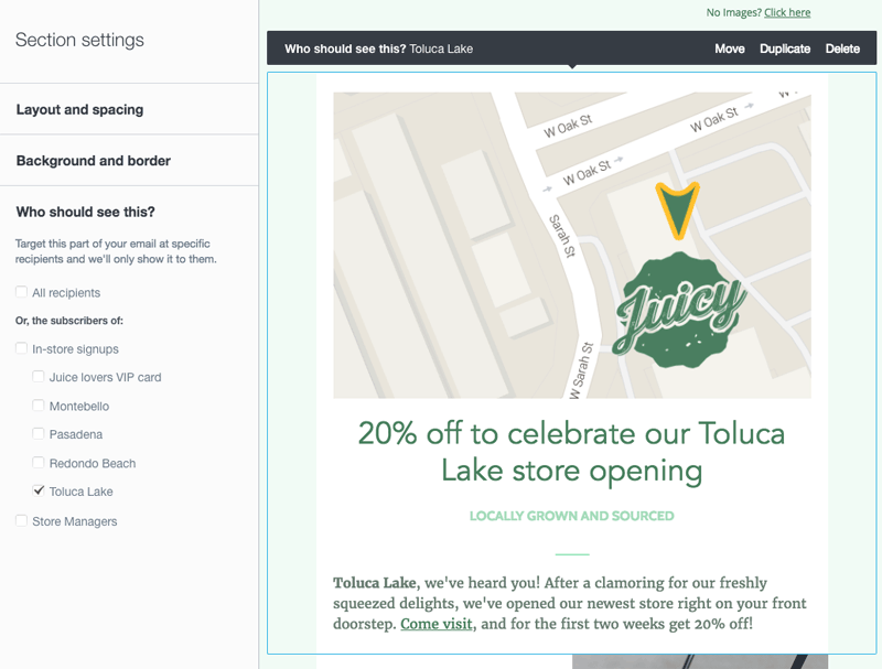 The "Who should see this" menu, with a section set to only be visible to one segment