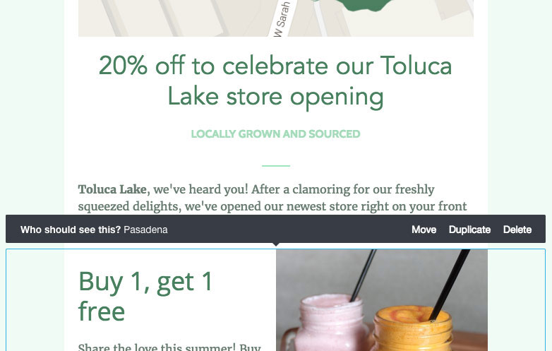 A section in the email builder that is only visible to the "Pasadena" segment