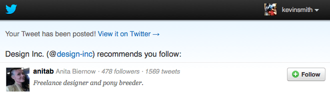 A tweet that recommends you follow a Twitter user