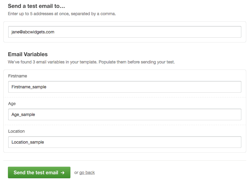 An animated GIF showing the test page, with email variables being replaced by test data