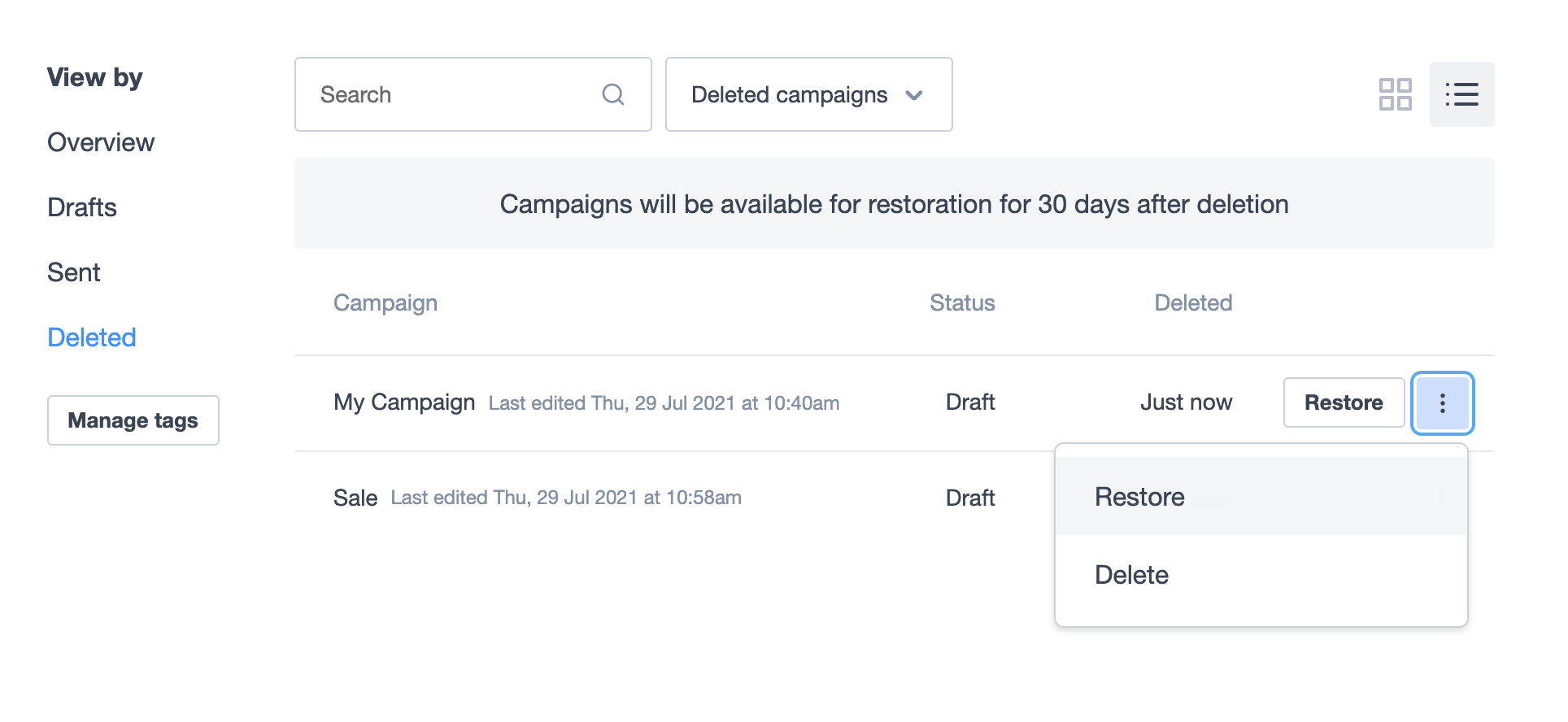 Restoring a deleted campaign