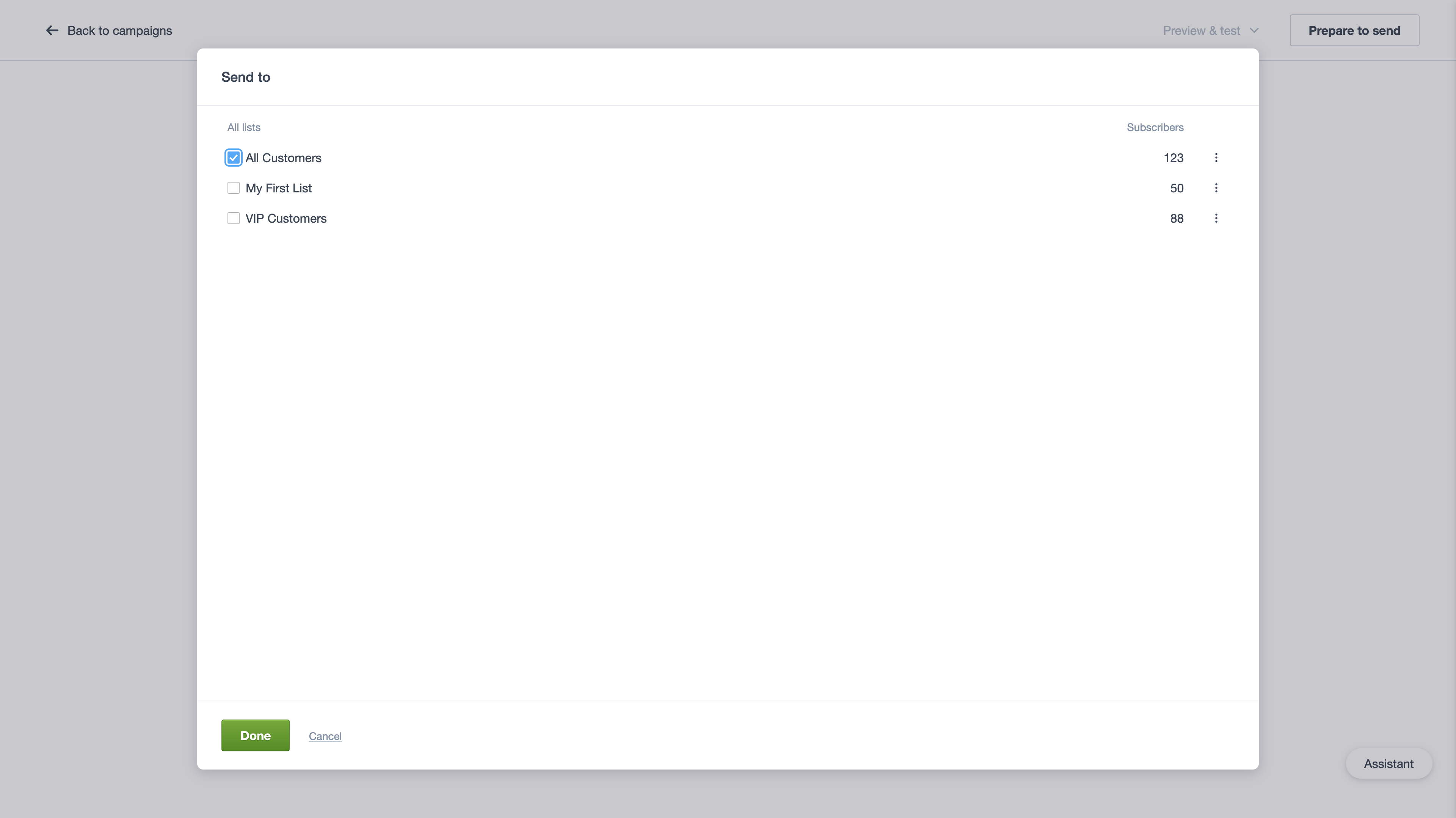 Selecting a subscriber lists