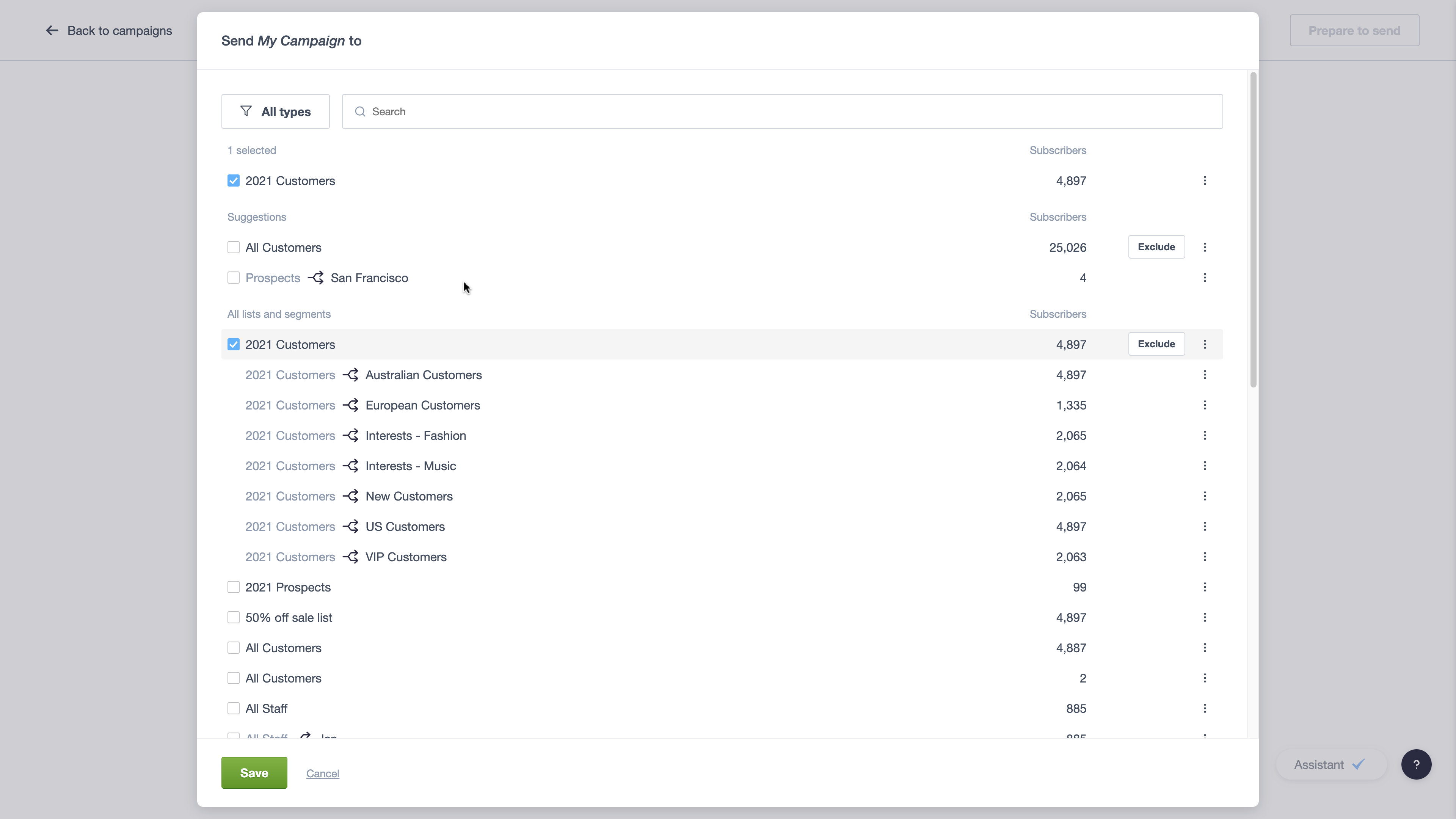 Selecting a subscriber list
