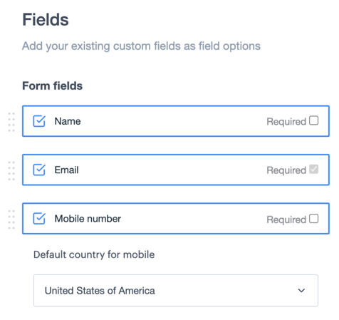 Form fields, Mobile number selected