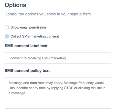 Options, Collect SMS marketing consent selected
