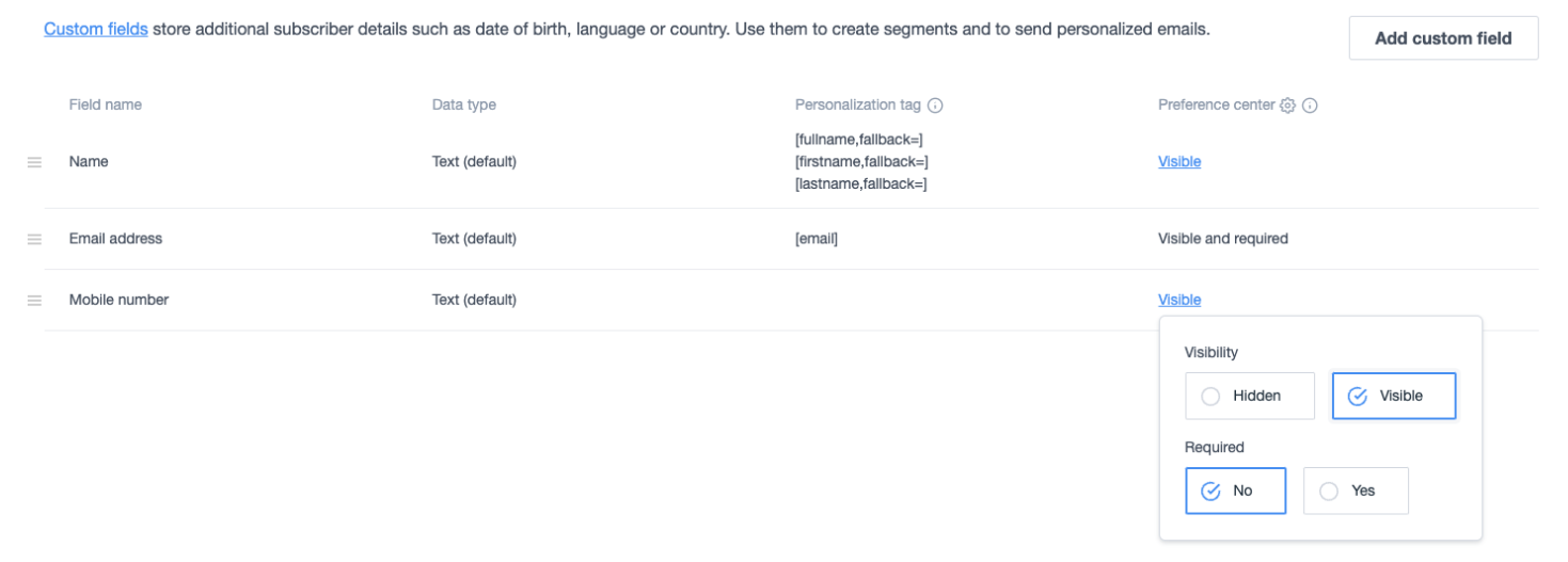 Custom fields, mobile number