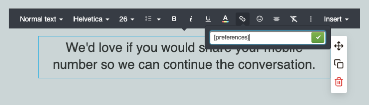 Insert link with preferences tag