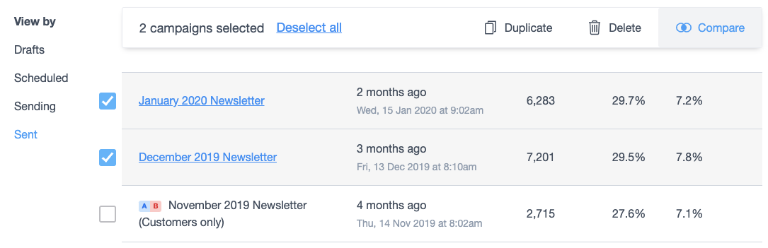 Three sent campaigns with two selected to compare