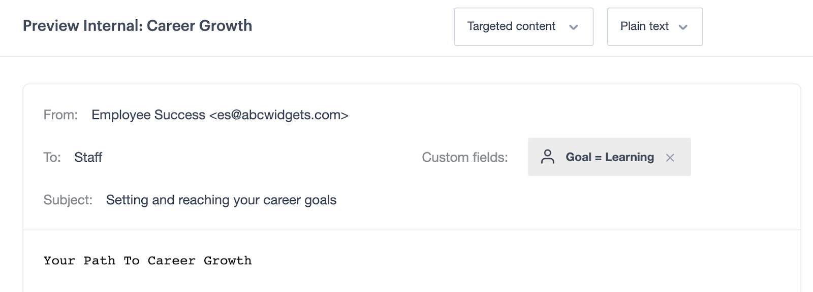 The preview email window for plain text