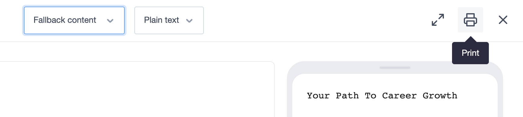 A dynamic content preview window, highlighting the "Print preview" link used to view the plain text version