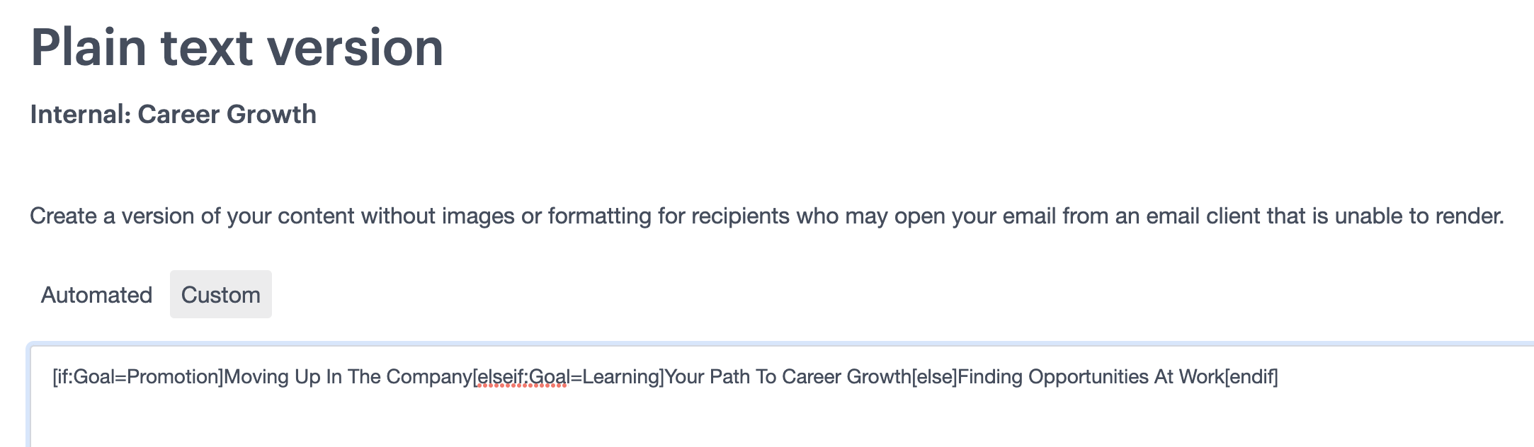 The plain text version of an imported email with dynamic content tags