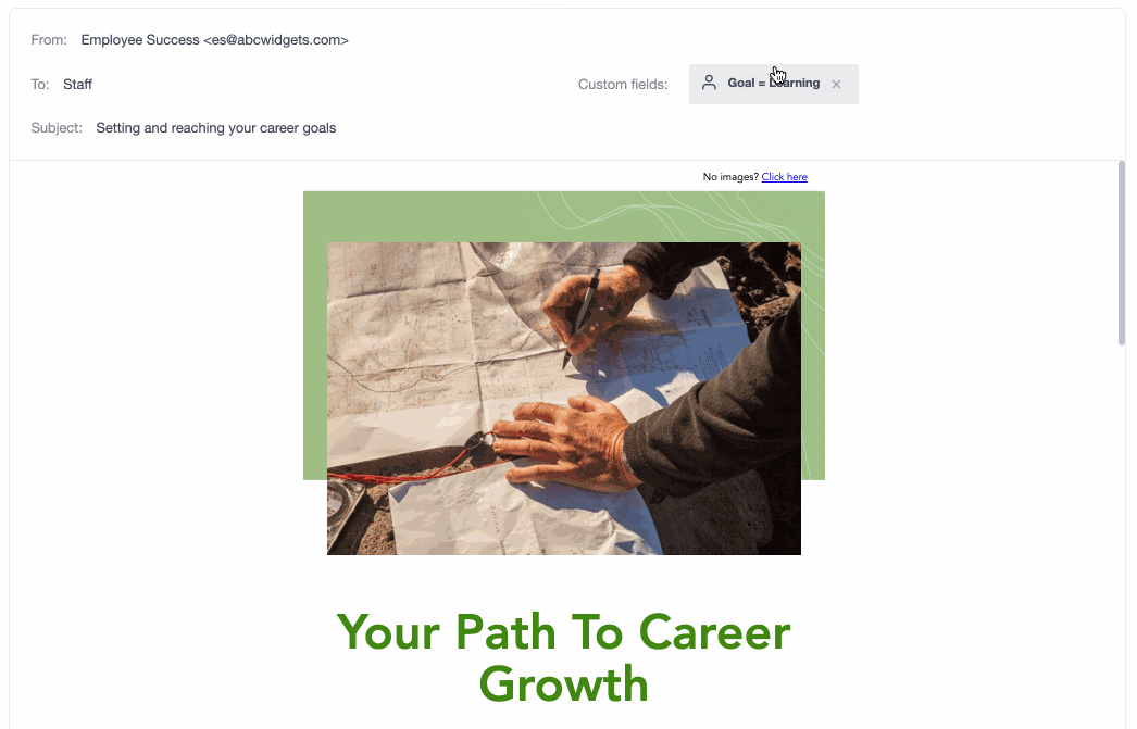 A preview of an email, toggling between dynamic content views