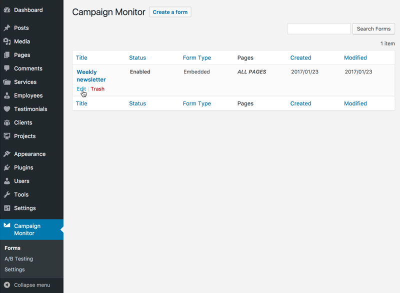 The Campaign Monitor form management page in Wordpress