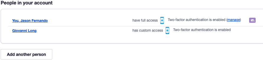 A list of people in your account, with the primary contact shown by the envelope icon