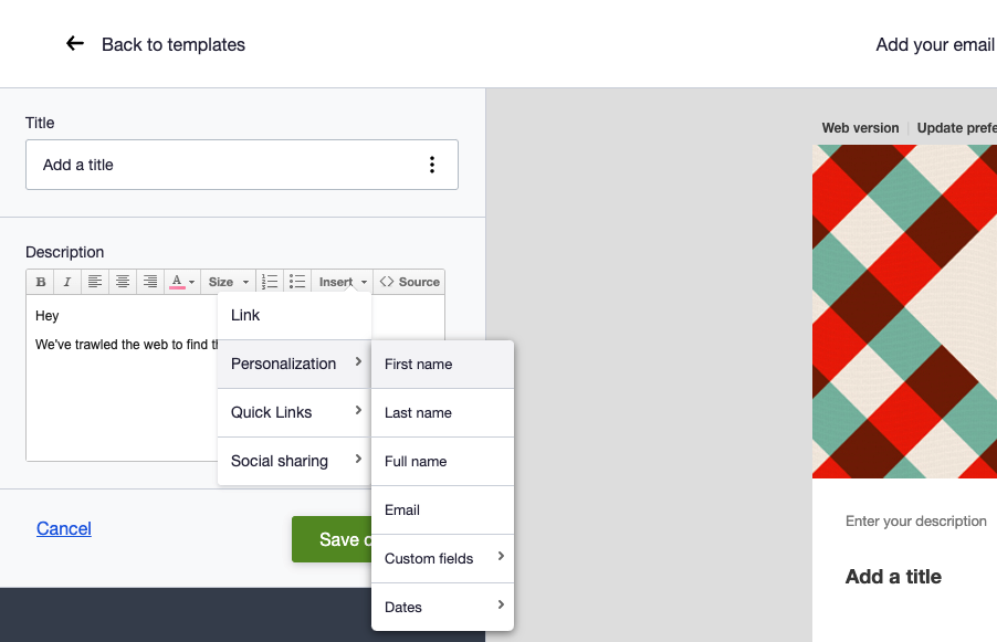 Personalization in the custom template content editor