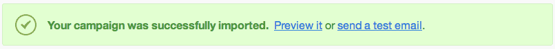 A successful custom coded HTML import notification