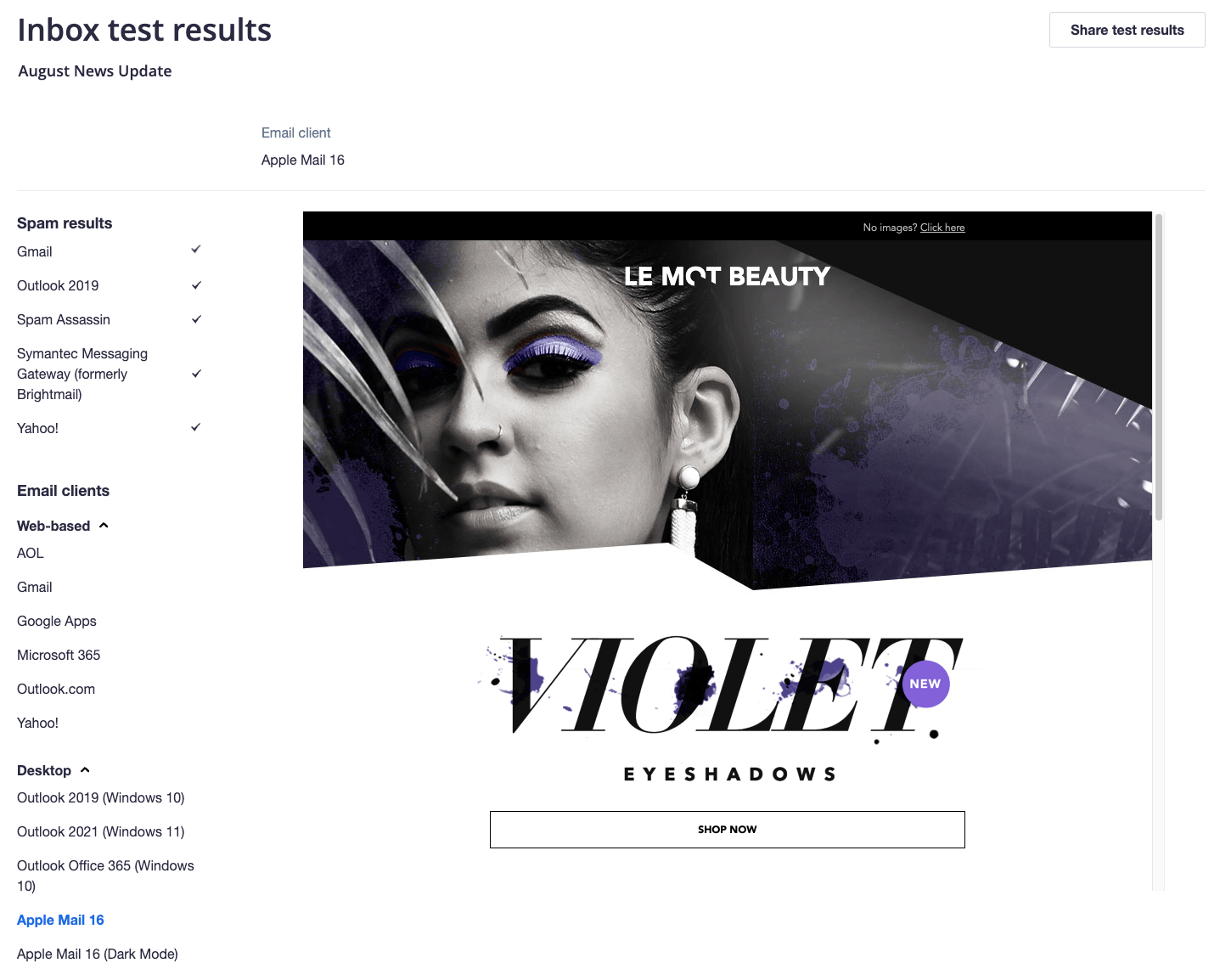 Inbox test results, showing Apple Mail 16 email client test results