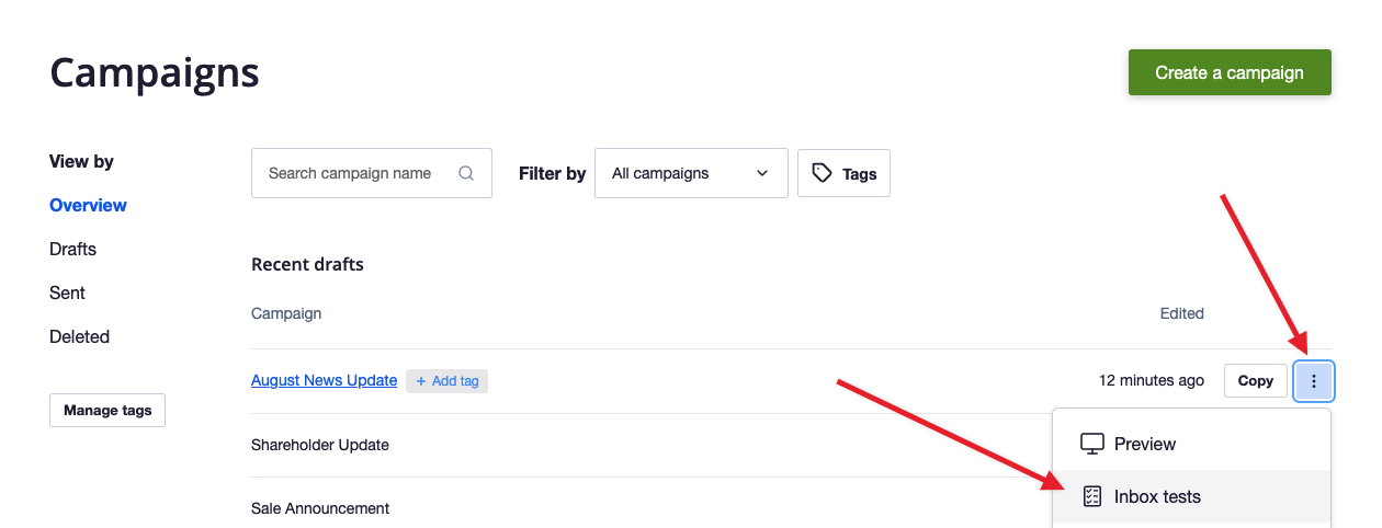 Inbox testing from the Campaigns Overview