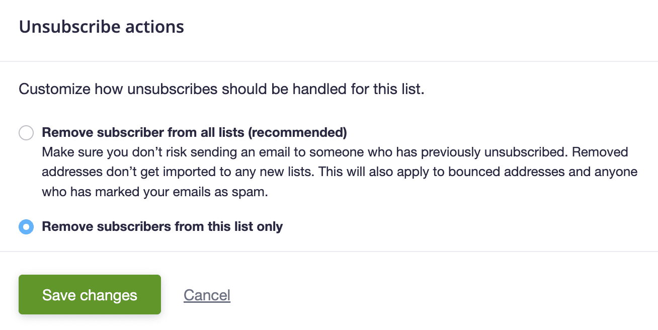 Unsubscribe settings for a list