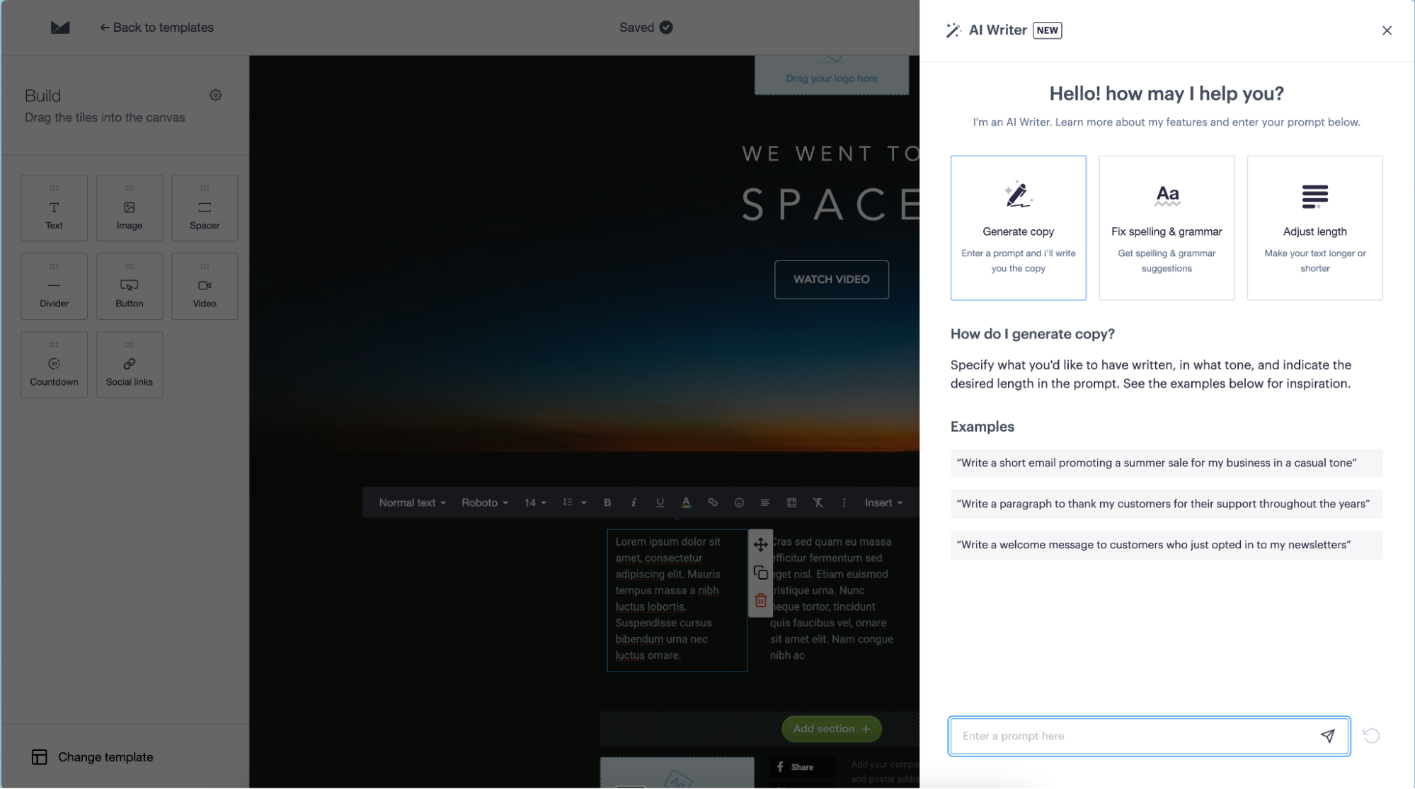 AI Writer panel and available options