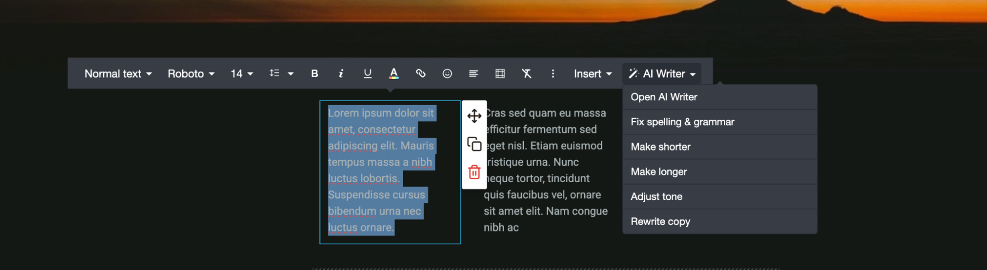 AI Writer toolbar functions.