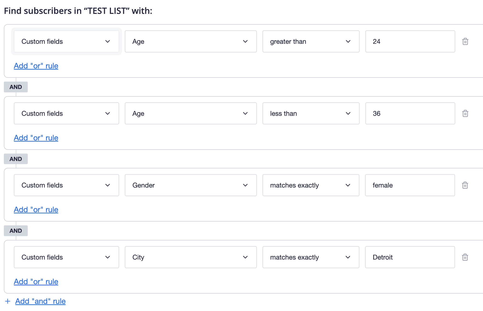 Segment with rules to find subscribers with an ‘Age’ value greater than ‘24’ but less than ‘36’, ‘gender’ matching exactly ‘female’, and ‘City’ matching exactly ‘Detroit’.