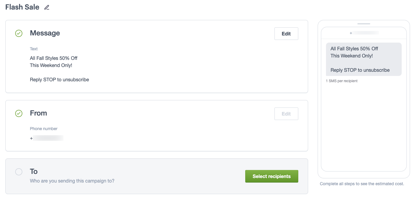 SMS preview showing Message and From modules with checkmarks.